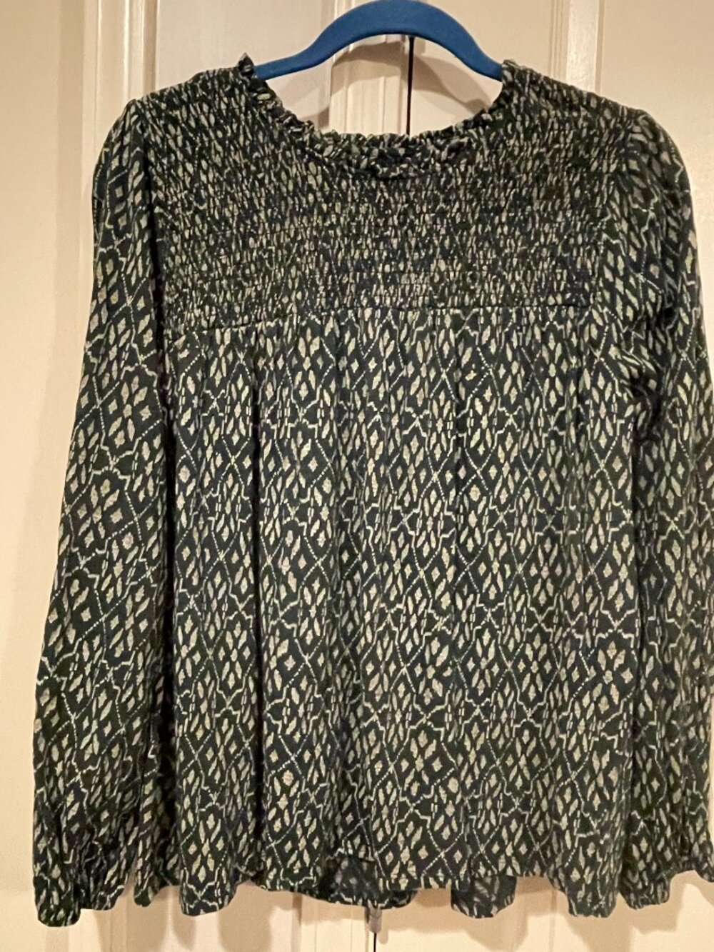 Wonderly Olive and Cream Smocked Yoke Long Sleeve Blouse